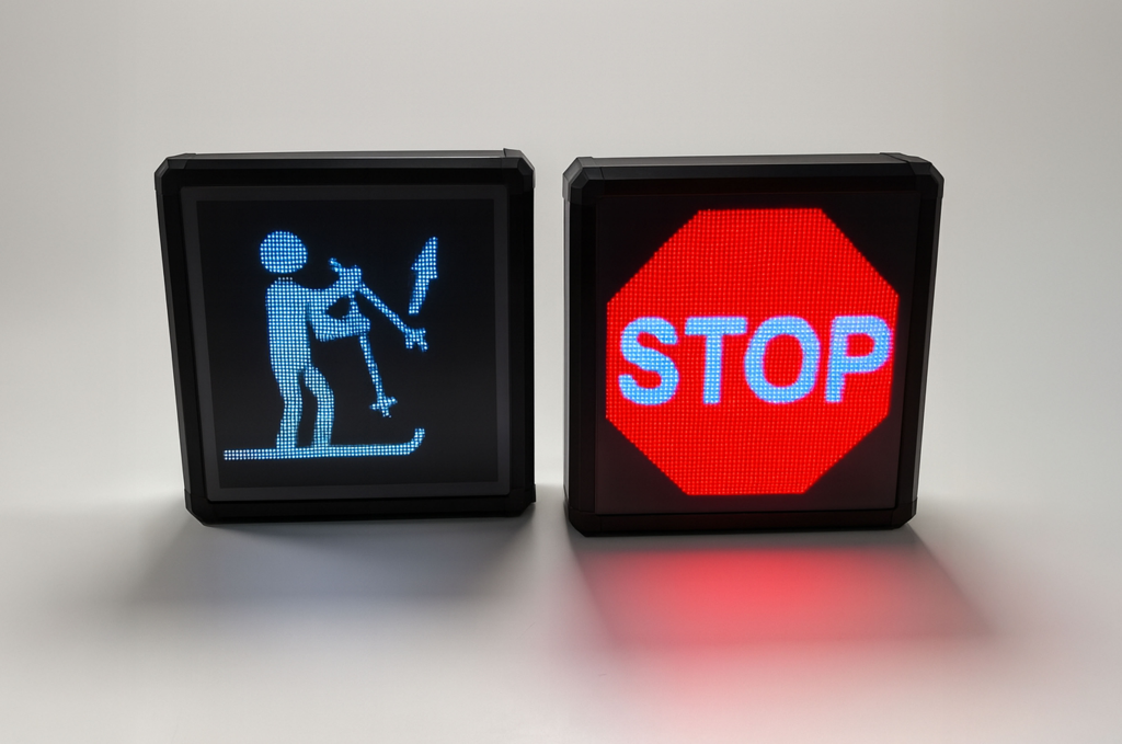 Écran LED VB PIXEL affichant un message STOP sur tapis roulant